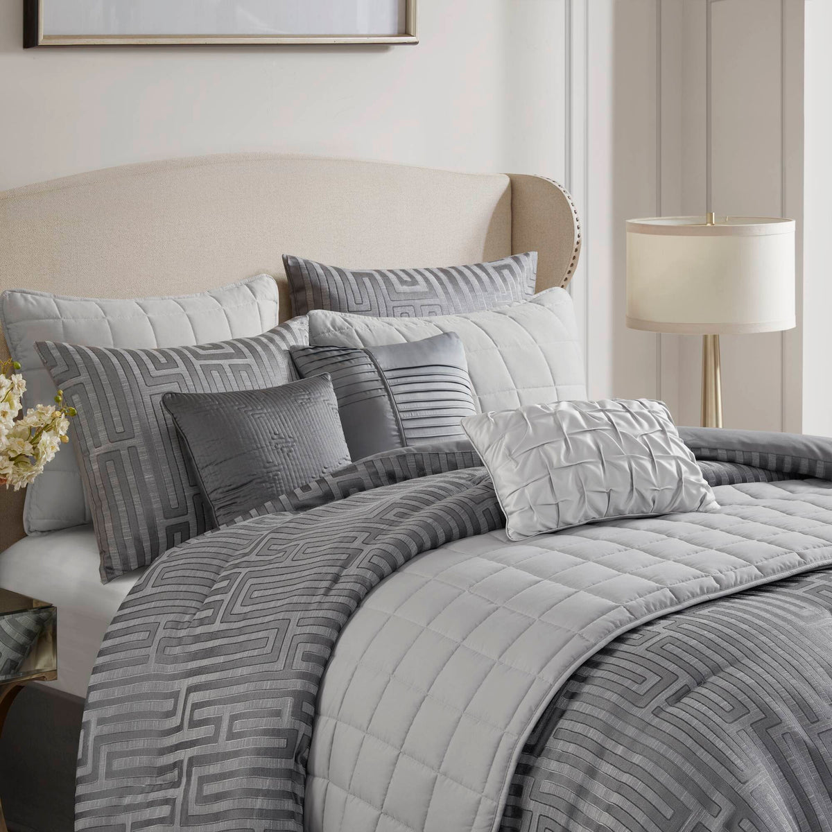 Royce - 10 Piece California King Luxury Comforter Set - Gray