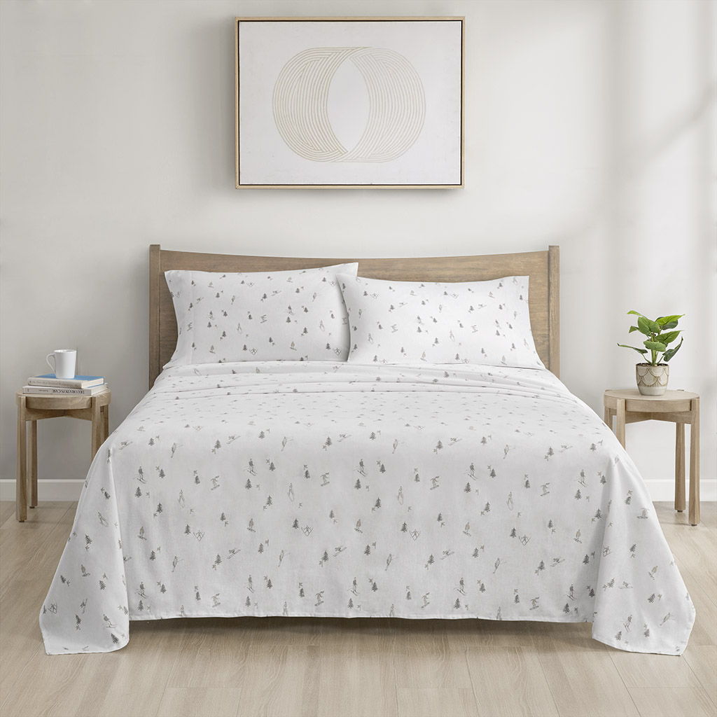 Cozy Cotton Flannel - Printed Twin Sheet Set - Gray Skiers