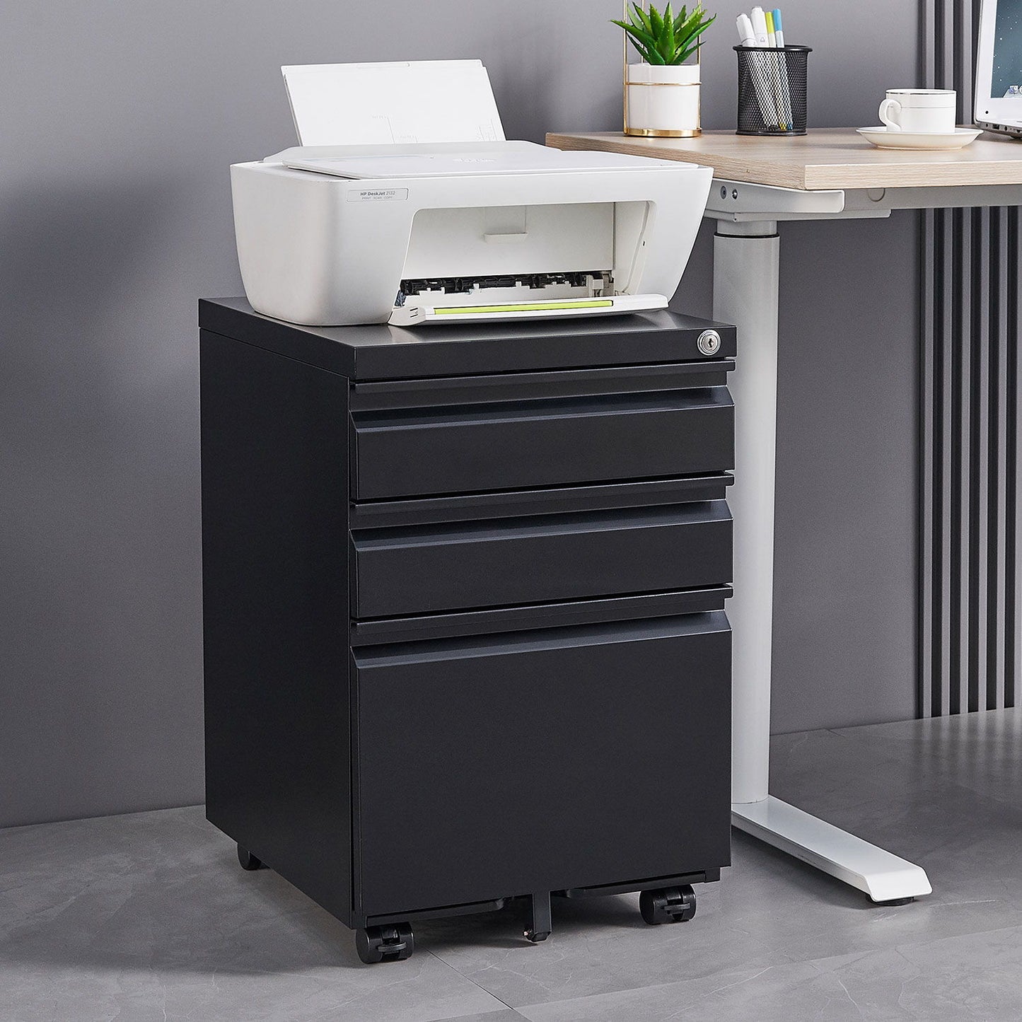 Contemporary 3 Drawer Mobile Filing Cabinet With Lock, Metal Office Storage For Legal / Letter Size