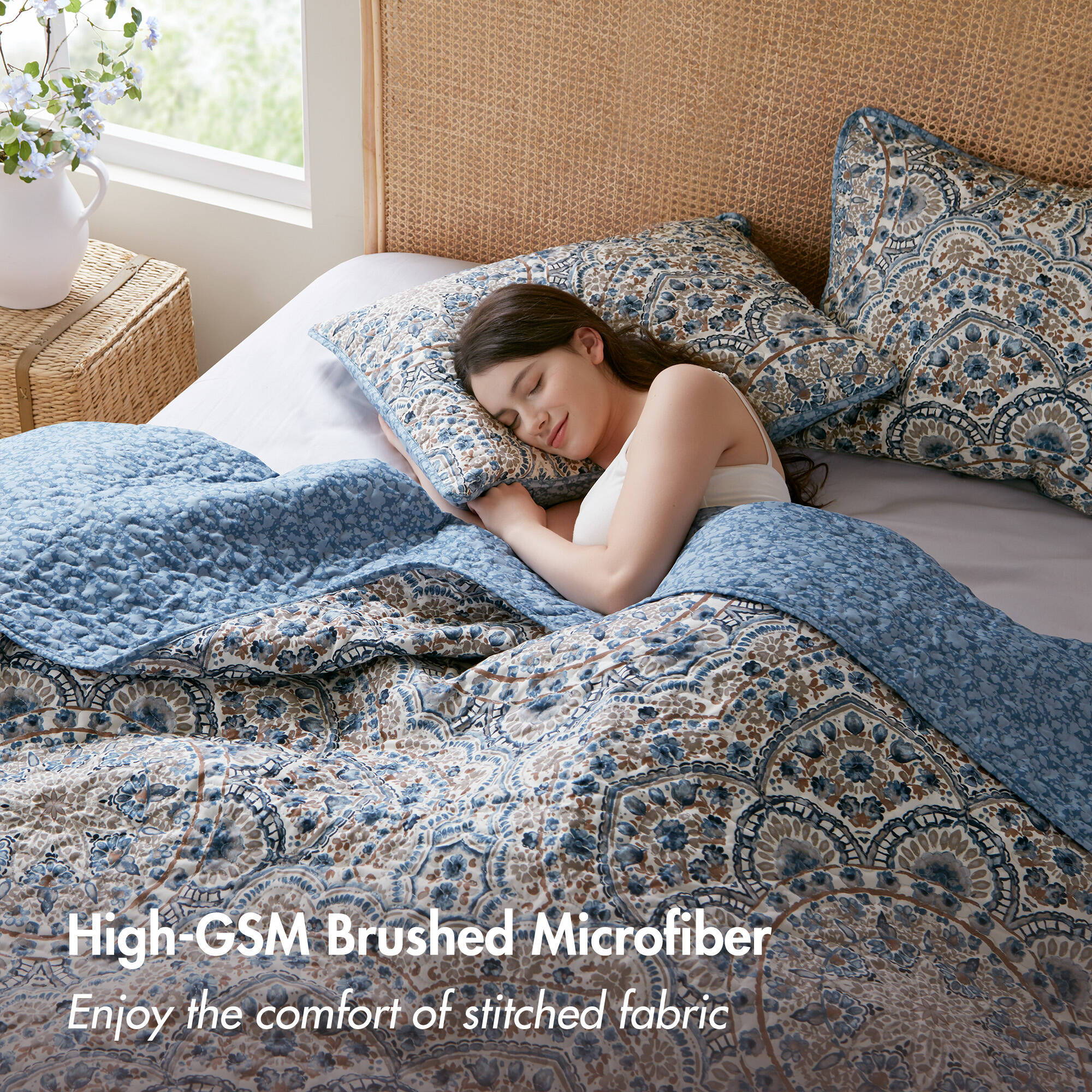 Valerie - Full/Queen Boho Floral Reversible Quilt - Blue