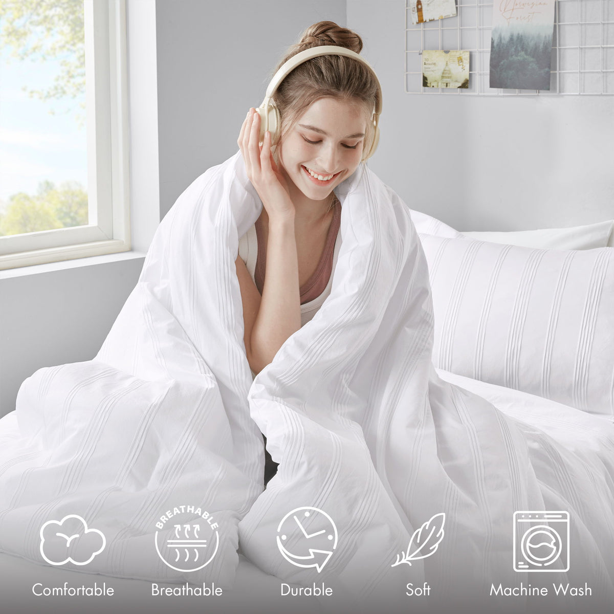 Logan - Twin/Twin Long Striped Comforter Set - White