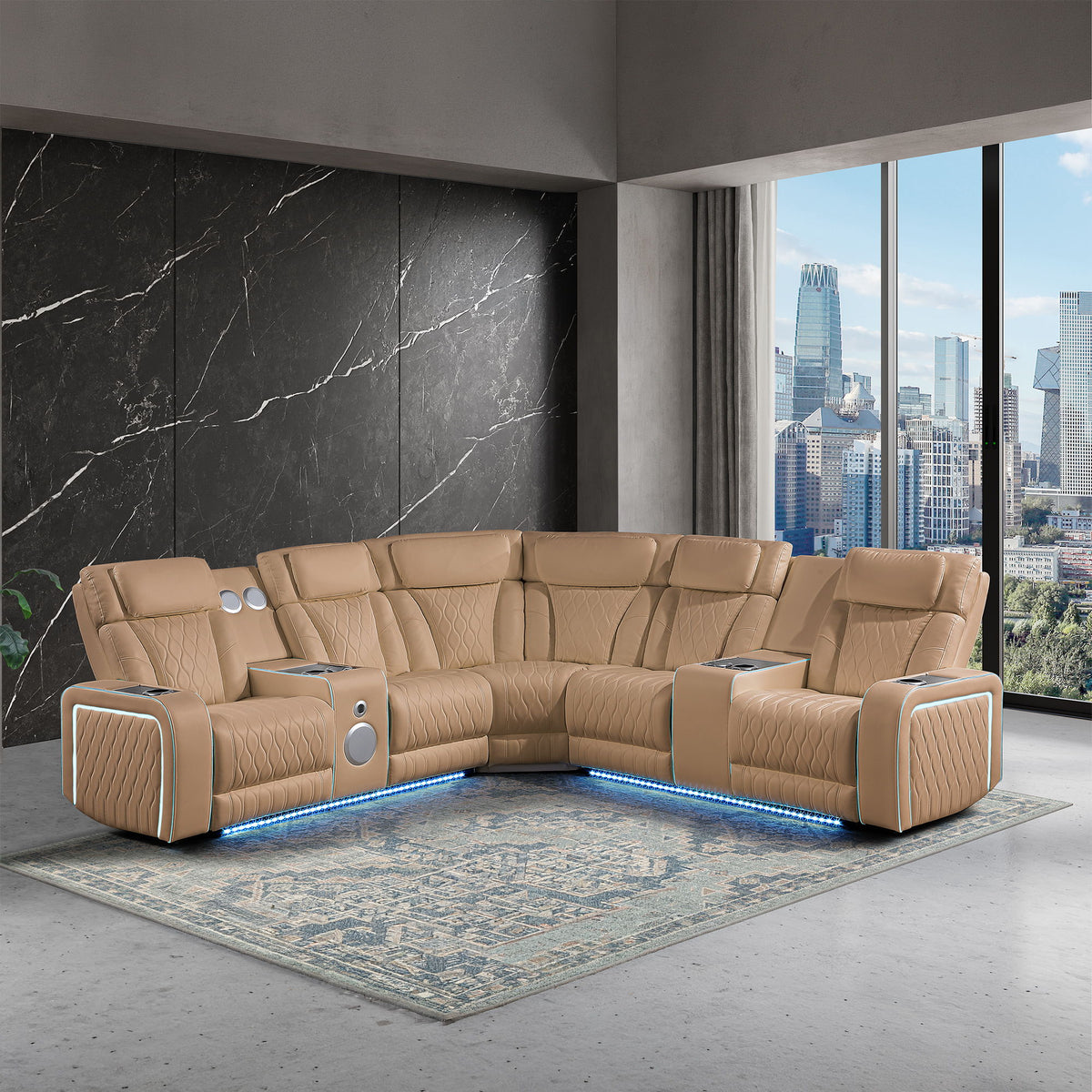 Electra - Power Recliner Sectional Sofa With Power Headrests, Console Loveseats, Wedge, LED Light Strip, Speakers