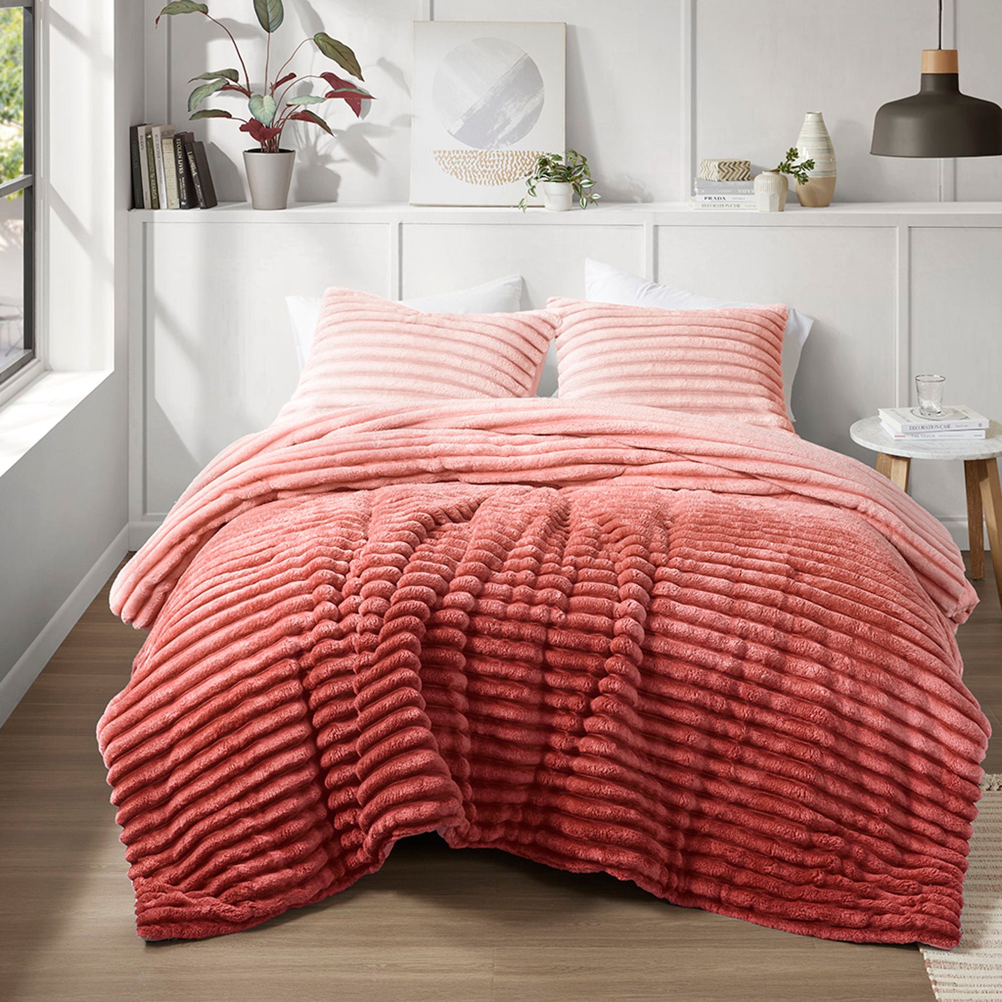 Avril - Full/Queen Fluffy Ribbed Plush Comforter Set - Blush Ombre