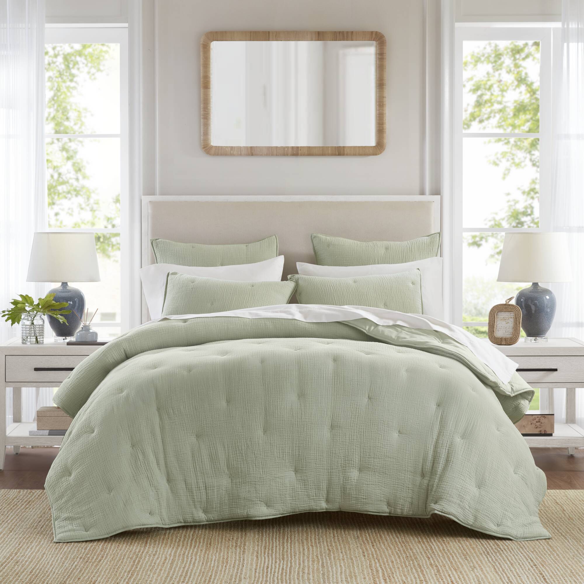 Breeze - King Cotton Gauze Embroidered Quilt Set - Sage