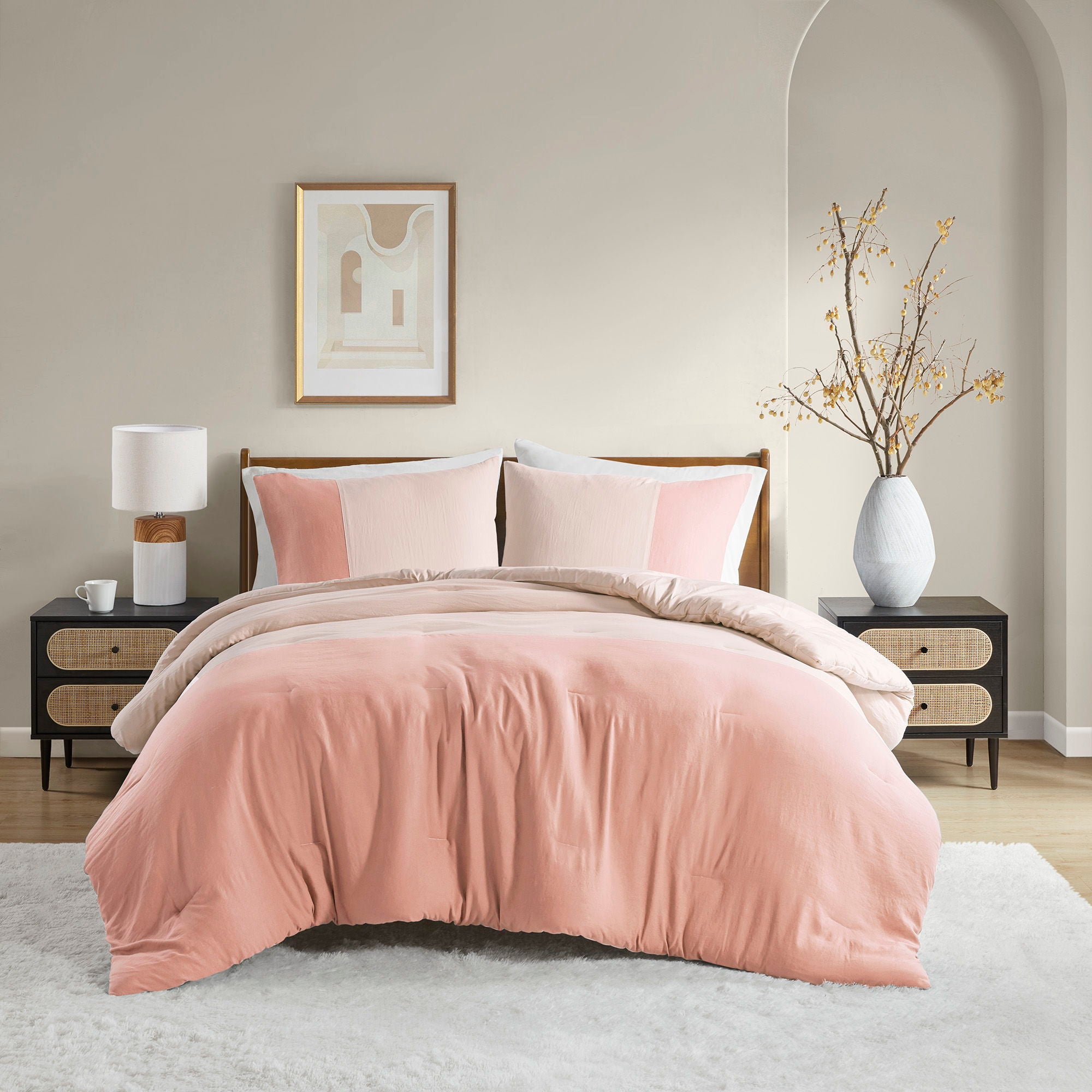 Miro - Full/Queen Soft Washed Block Comforter Set - Pink