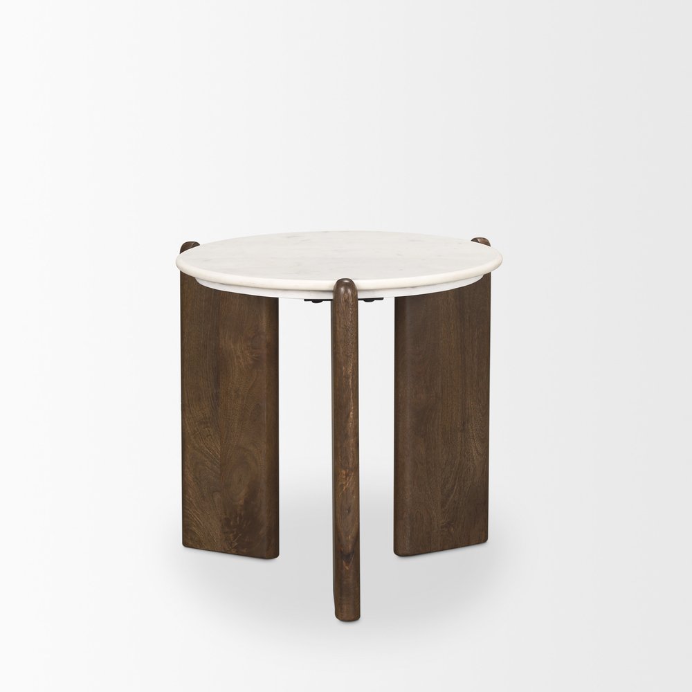 20" White And Brown Marble And Solid Wood End Table