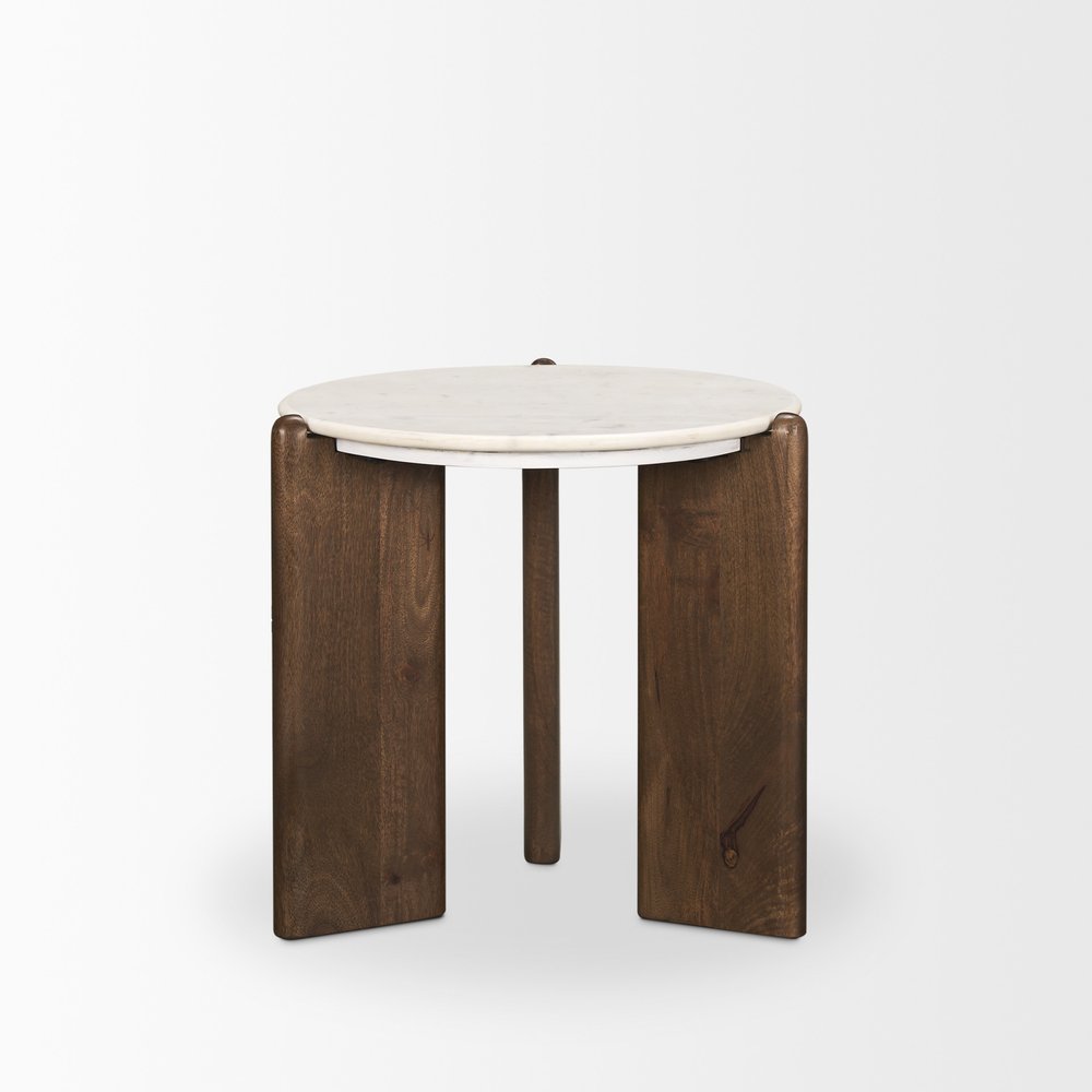 20" White And Brown Marble And Solid Wood End Table