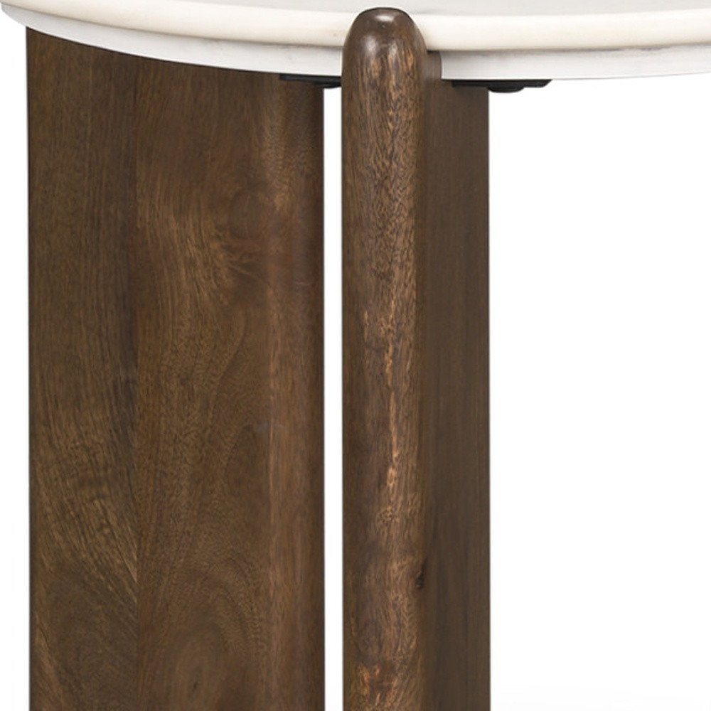 20" White And Brown Marble And Solid Wood End Table