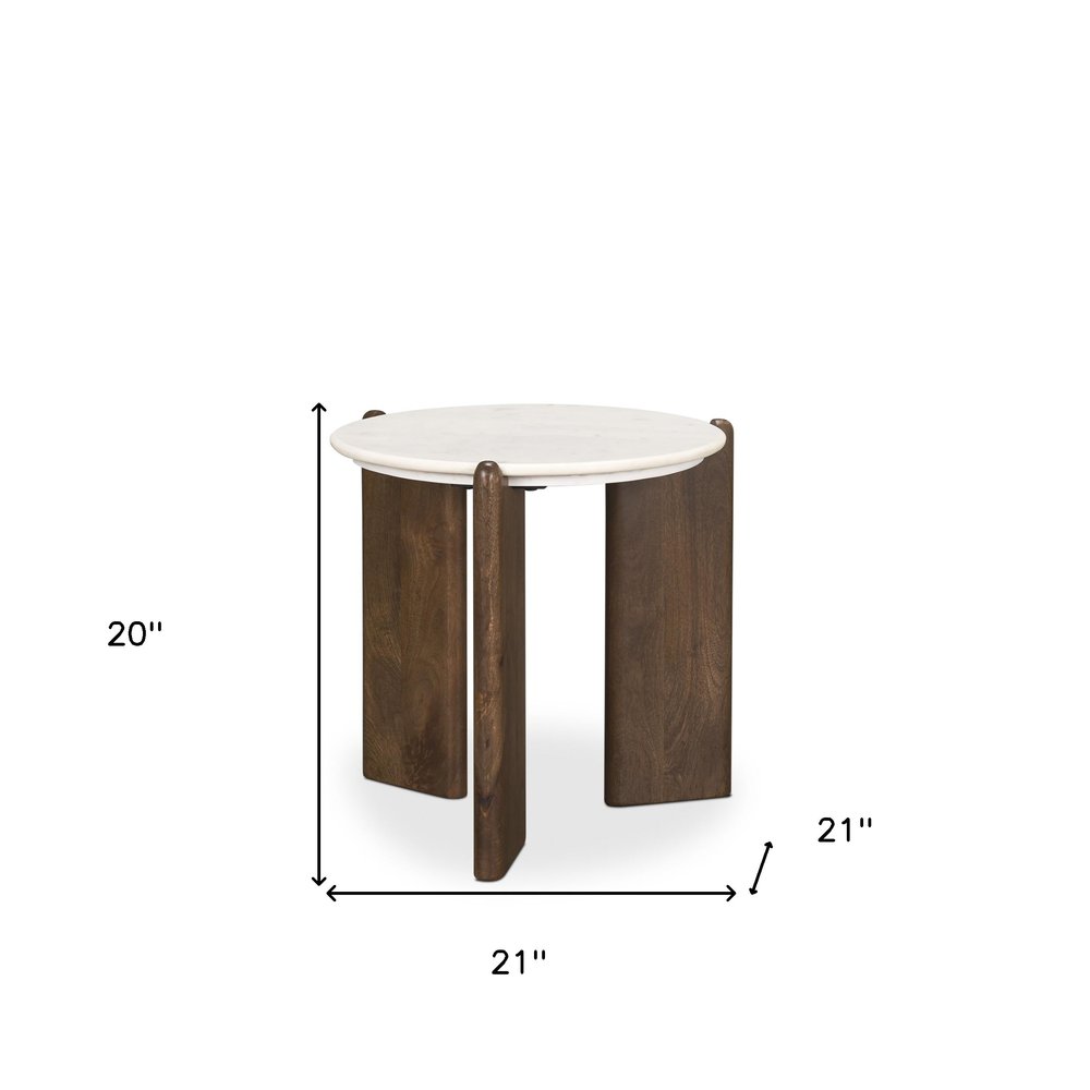 20" White And Brown Marble And Solid Wood End Table