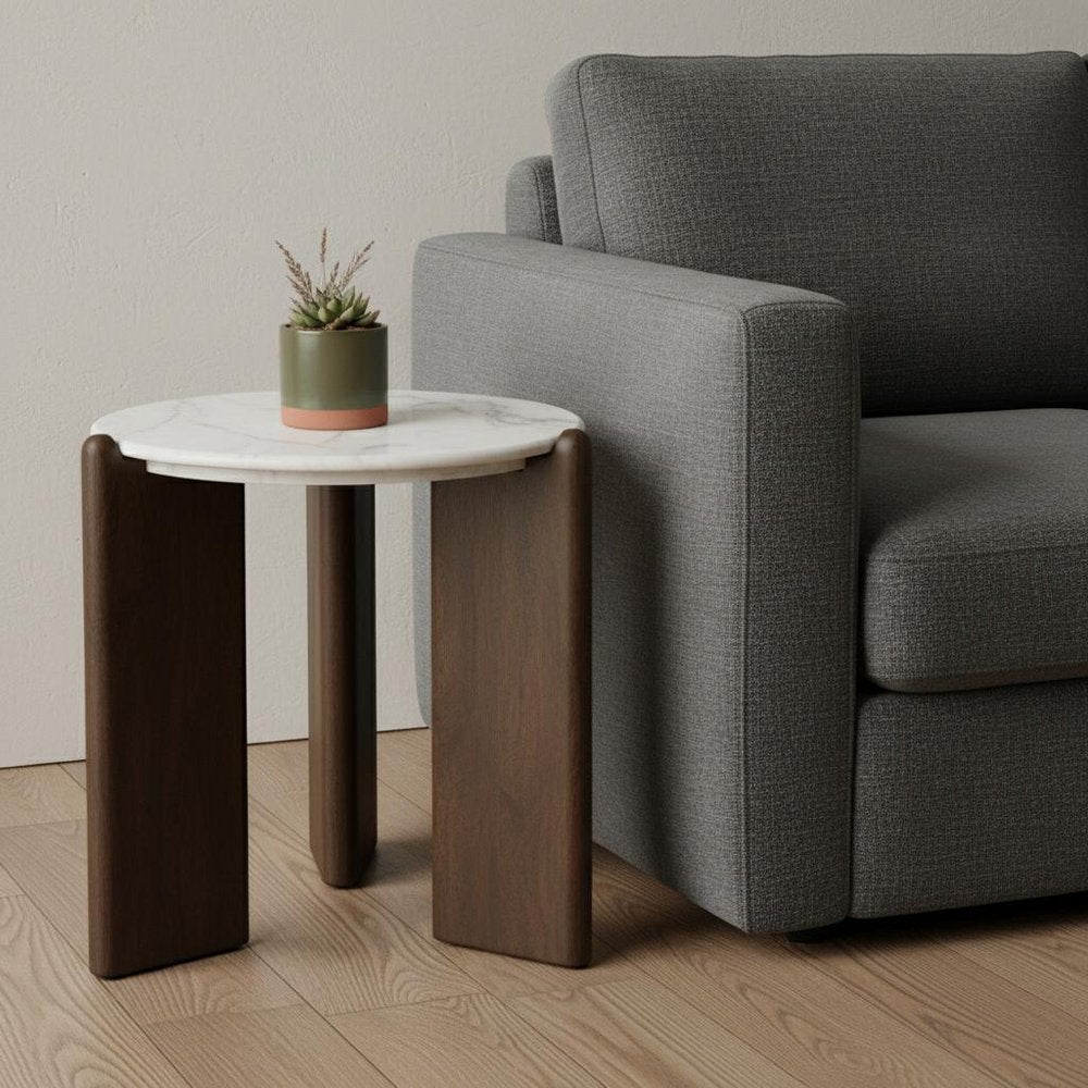 20" White And Brown Marble And Solid Wood End Table