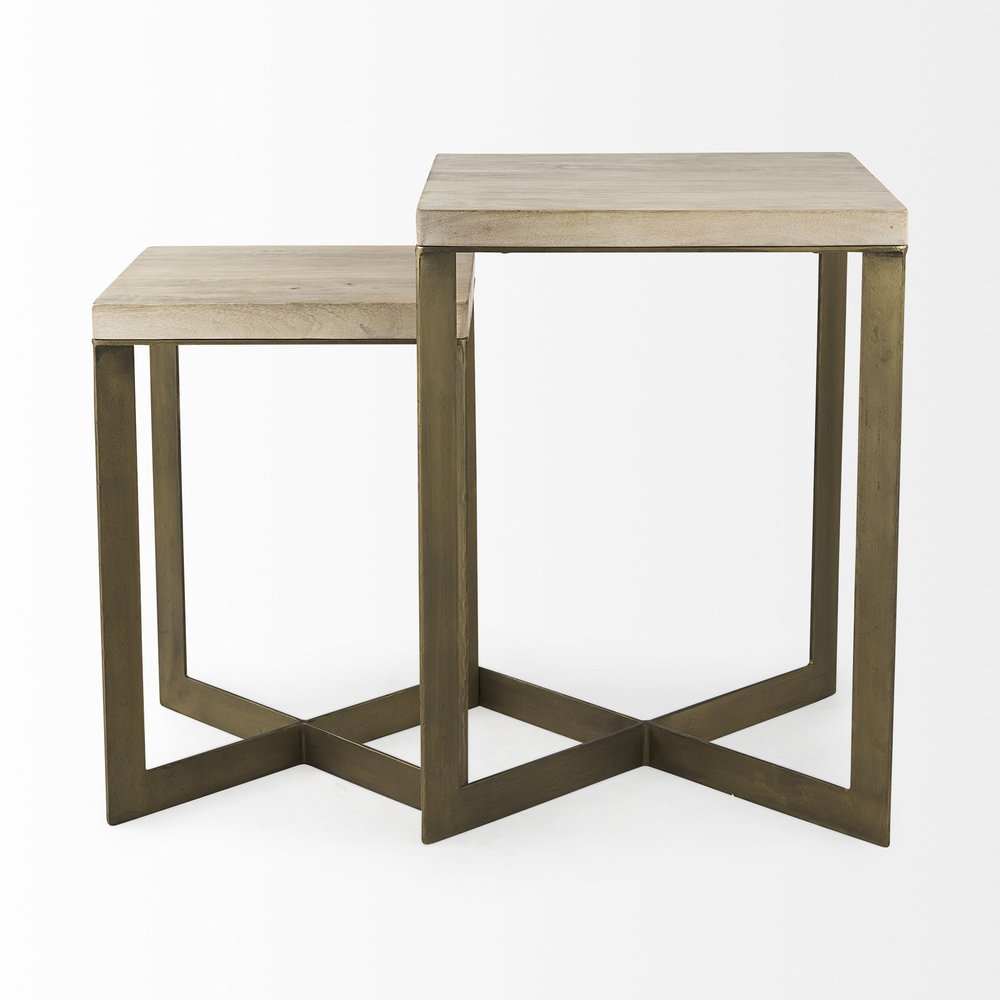 Set of Two Natural and Gold Solid Wood and Metal Square Cross Legs Nested Tables