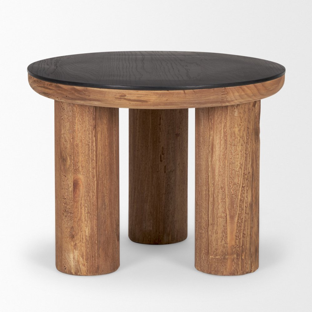 18" Brown And Black Reclaimed Wood Distressed Round End Table