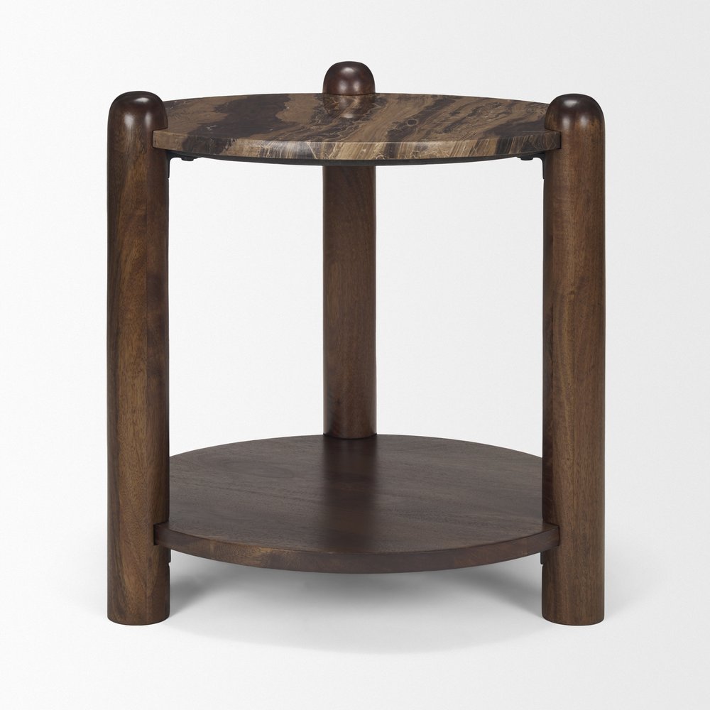 26" Brown Marble And Solid Wood End Table With Shelf