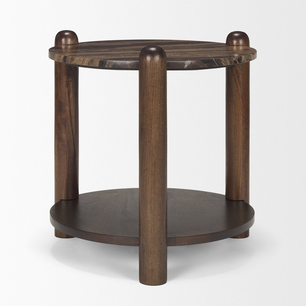 26" Brown Marble And Solid Wood End Table With Shelf