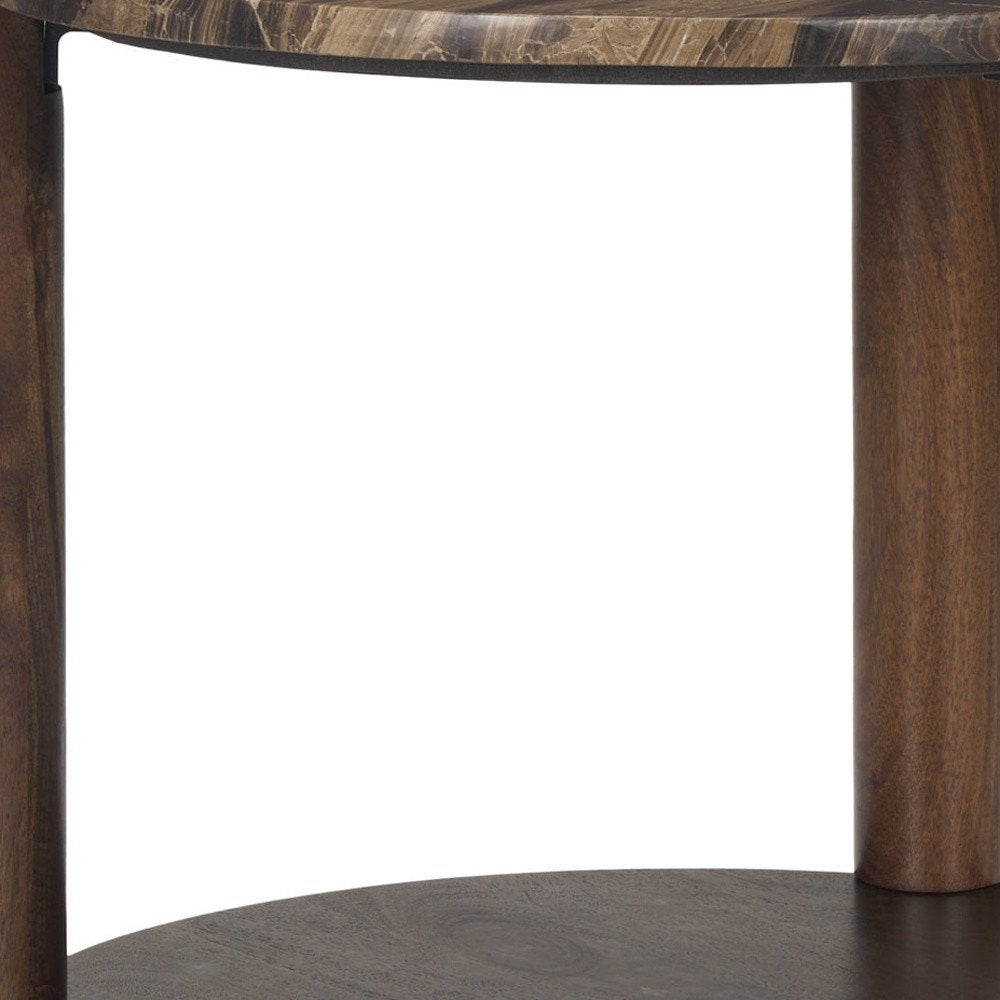 26" Brown Marble And Solid Wood End Table With Shelf