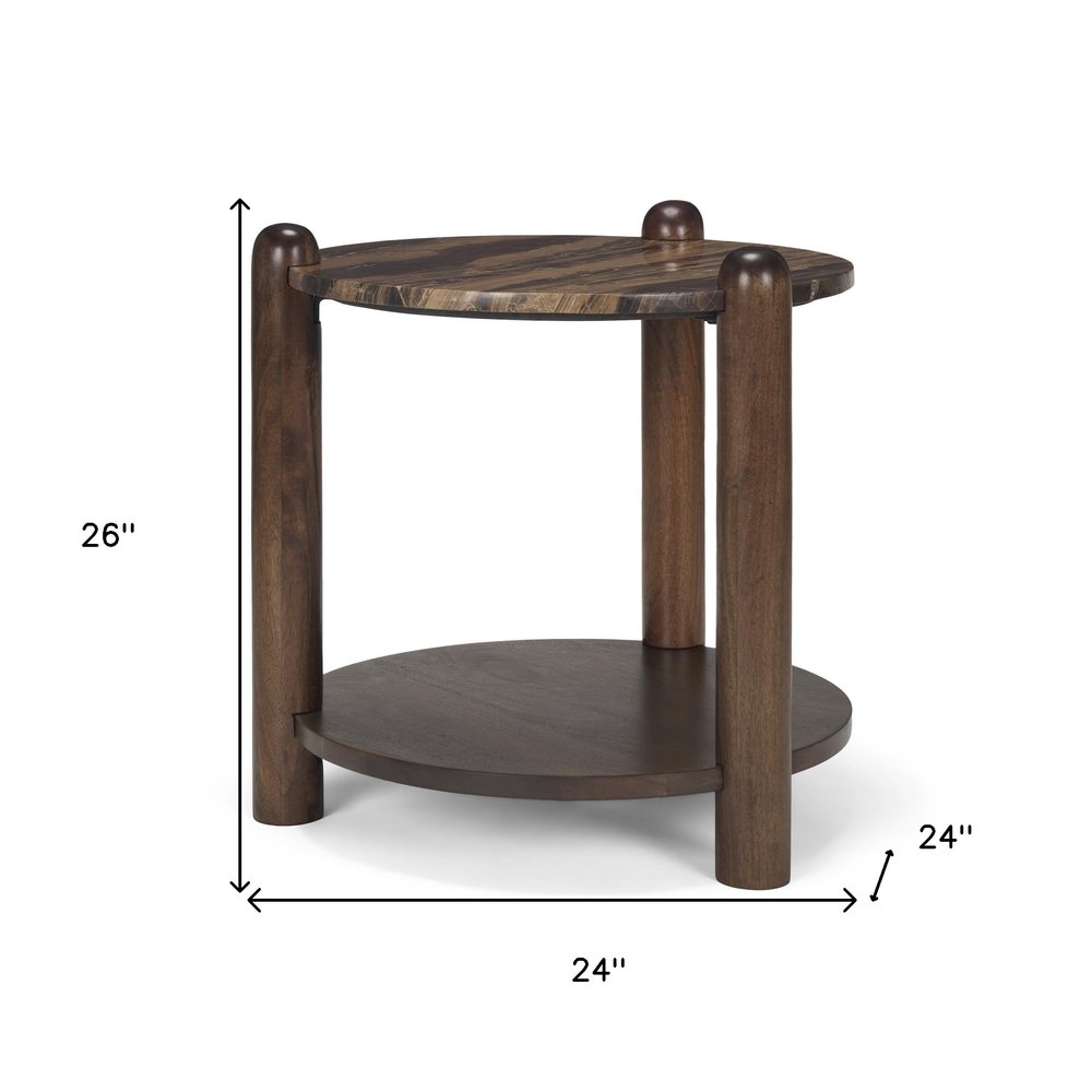 26" Brown Marble And Solid Wood End Table With Shelf
