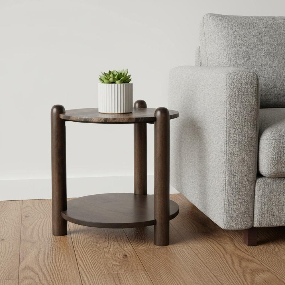 26" Brown Marble And Solid Wood End Table With Shelf