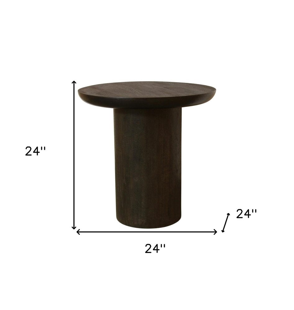 24" Dark Brown Distressed Solid Wood Round Pedestal End Table