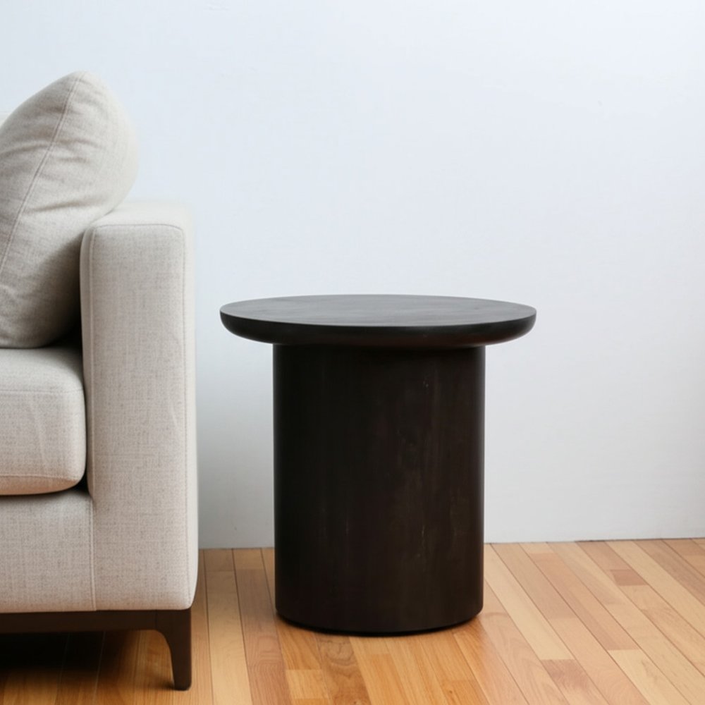 24" Dark Brown Distressed Solid Wood Round Pedestal End Table