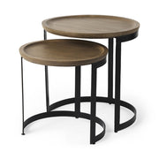 Set of Two Brown and Black Solid Wood and Iron Round Nested Tables