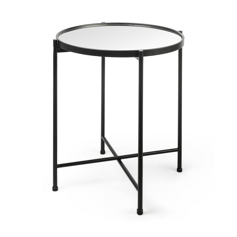 24" Silver and Black Mirrored Glass and Iron Round End Table