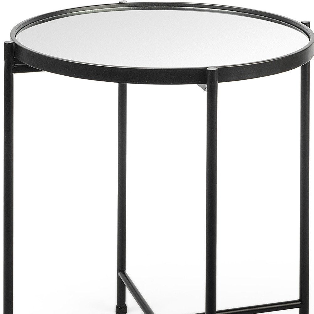 24" Silver and Black Mirrored Glass and Iron Round End Table