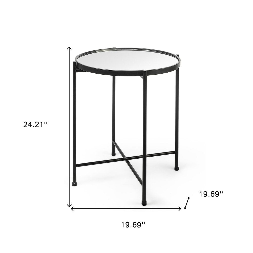 24" Silver and Black Mirrored Glass and Iron Round End Table
