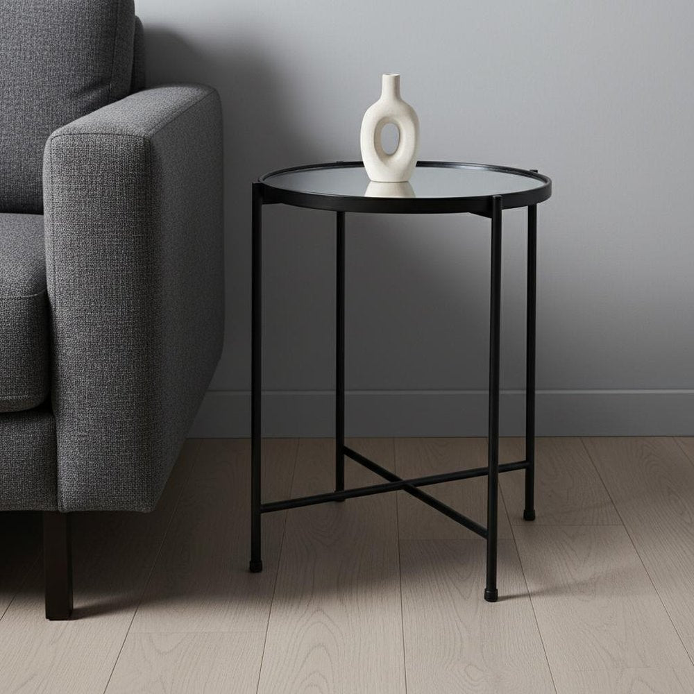 24" Silver and Black Mirrored Glass and Iron Round End Table