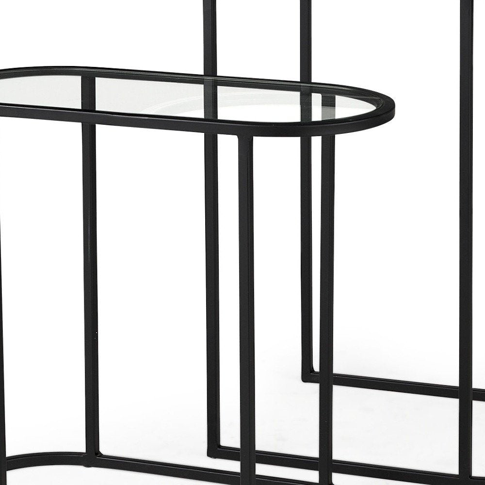 Set of Two 13" Clear and Black Glass and Metal Tray Tables