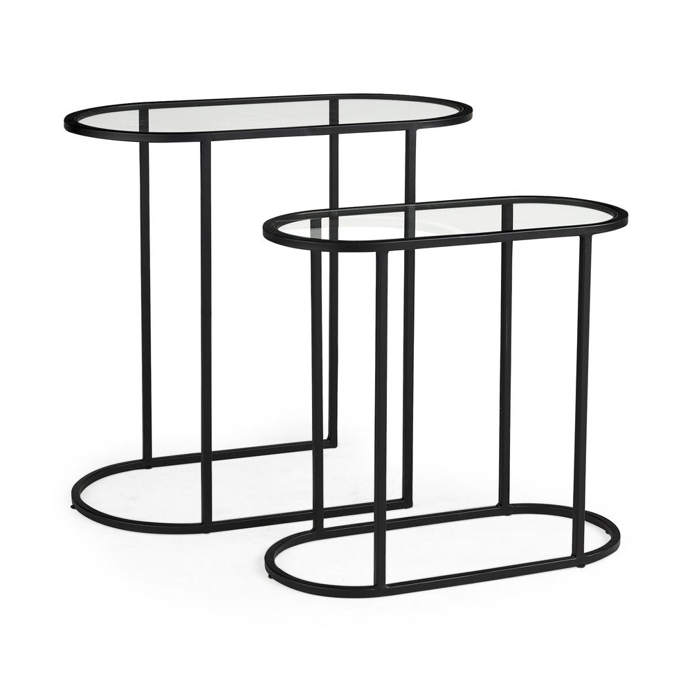 Set of Two 13" Clear and Black Glass and Metal Tray Tables