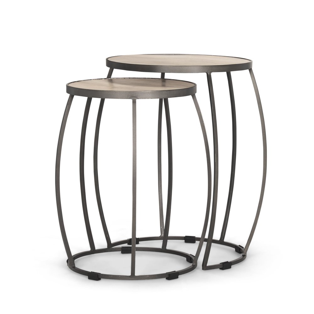Set of Two Natural and Silver Solid Wood and Iron Round Frame Nested Tables