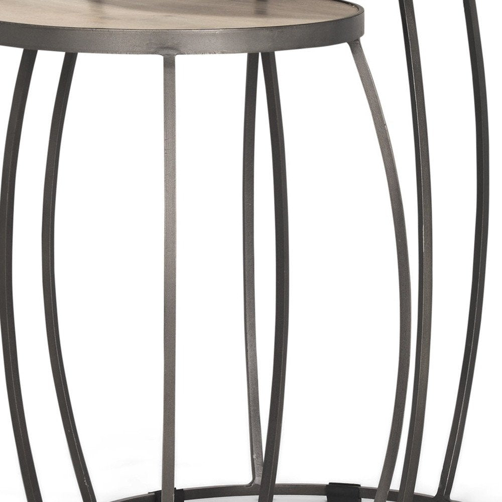 Set of Two Natural and Silver Solid Wood and Iron Round Frame Nested Tables