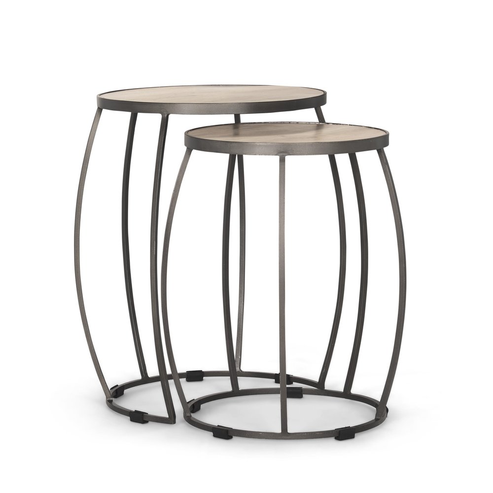 Set of Two Natural and Silver Solid Wood and Iron Round Frame Nested Tables
