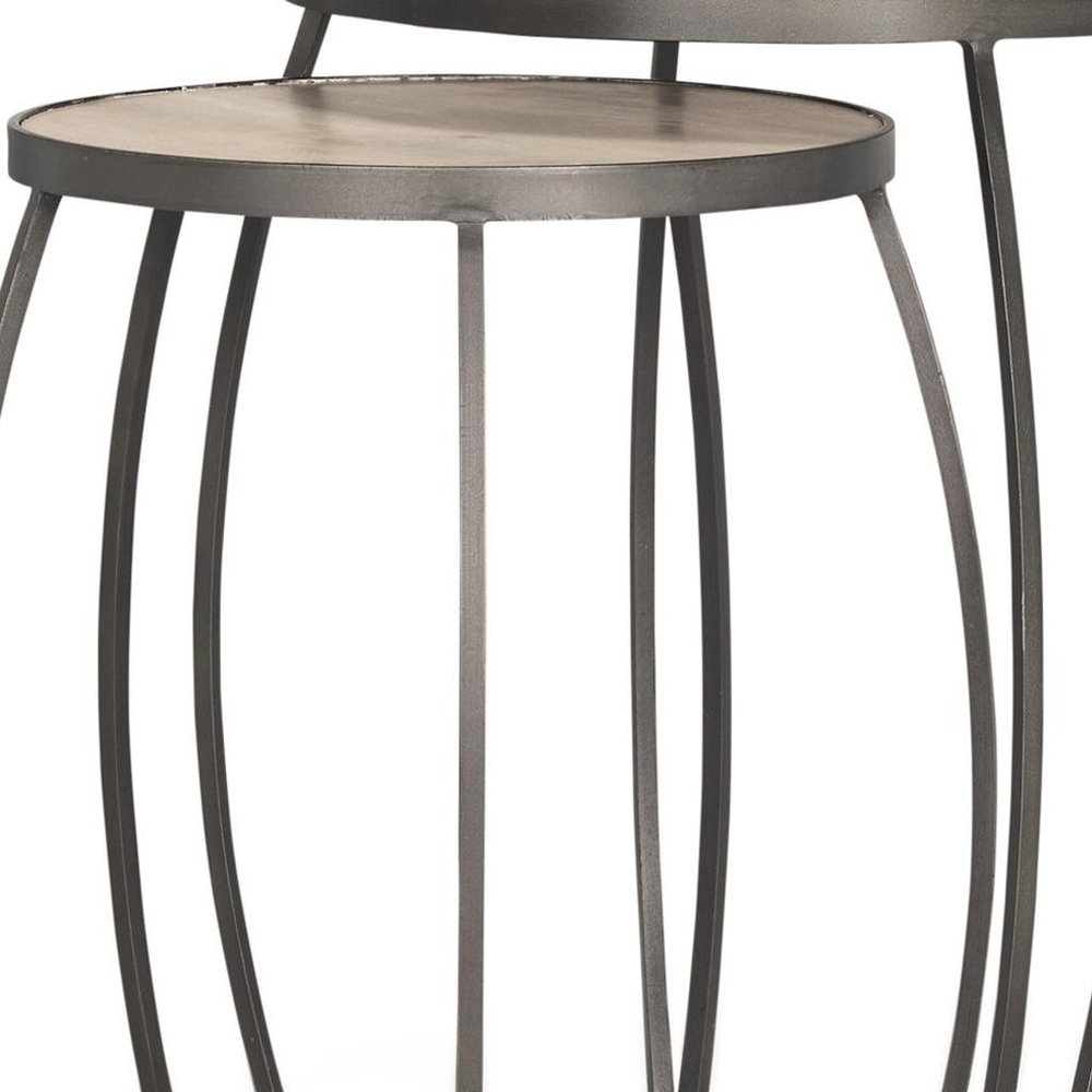 Set of Two Natural and Silver Solid Wood and Iron Round Frame Nested Tables