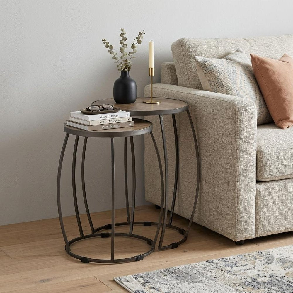 Set of Two Natural and Silver Solid Wood and Iron Round Frame Nested Tables