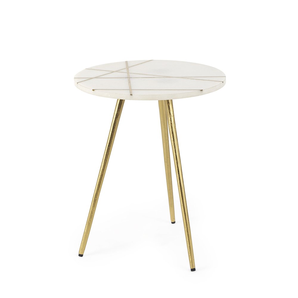 16" White and Gold Stone and Metal Tray Table