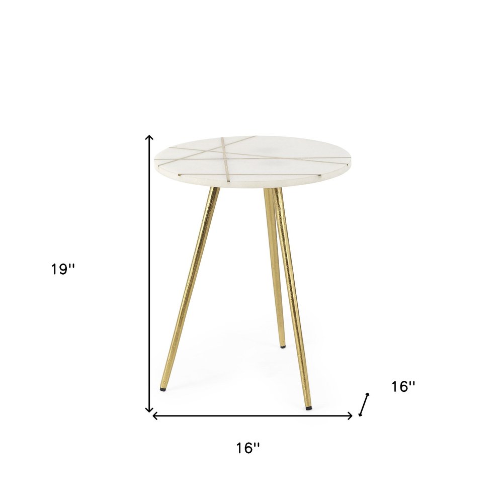 16" White and Gold Stone and Metal Tray Table