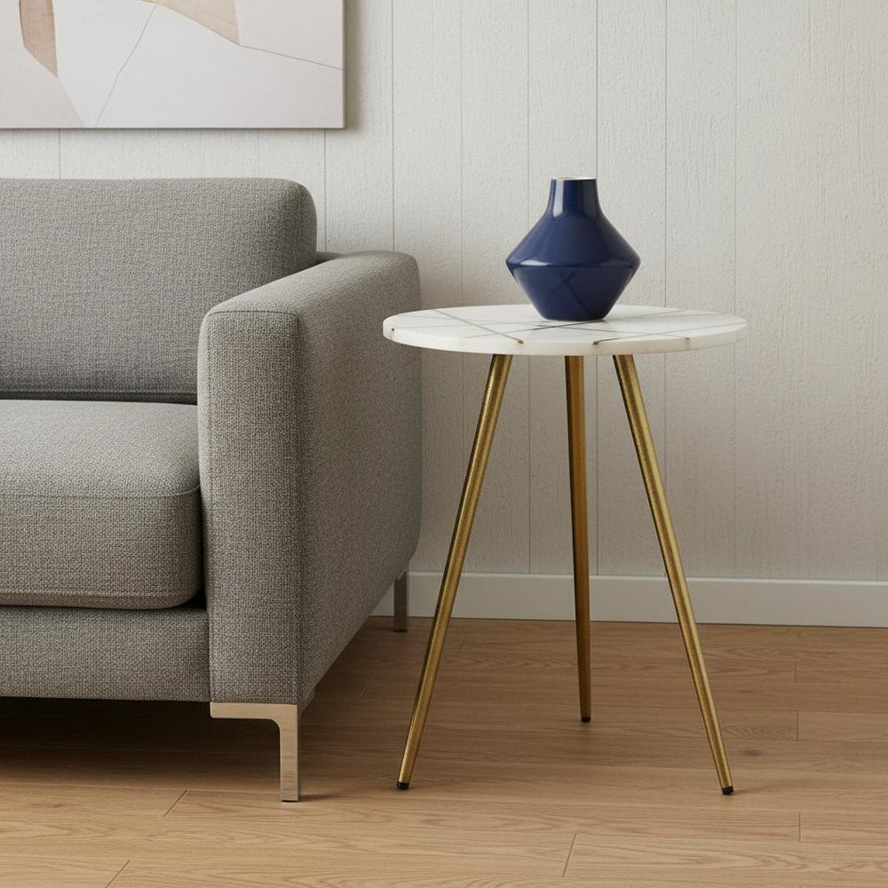 16" White and Gold Stone and Metal Tray Table