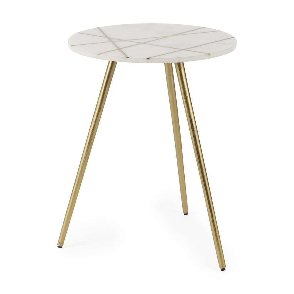 18" White and Gold Stone and Metal Tray Table