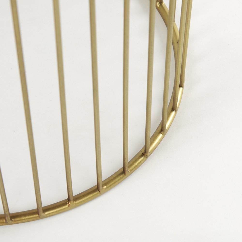 Set of Two Clear and Gold Tempered Glass and Metal Wire Round Drum End Tables