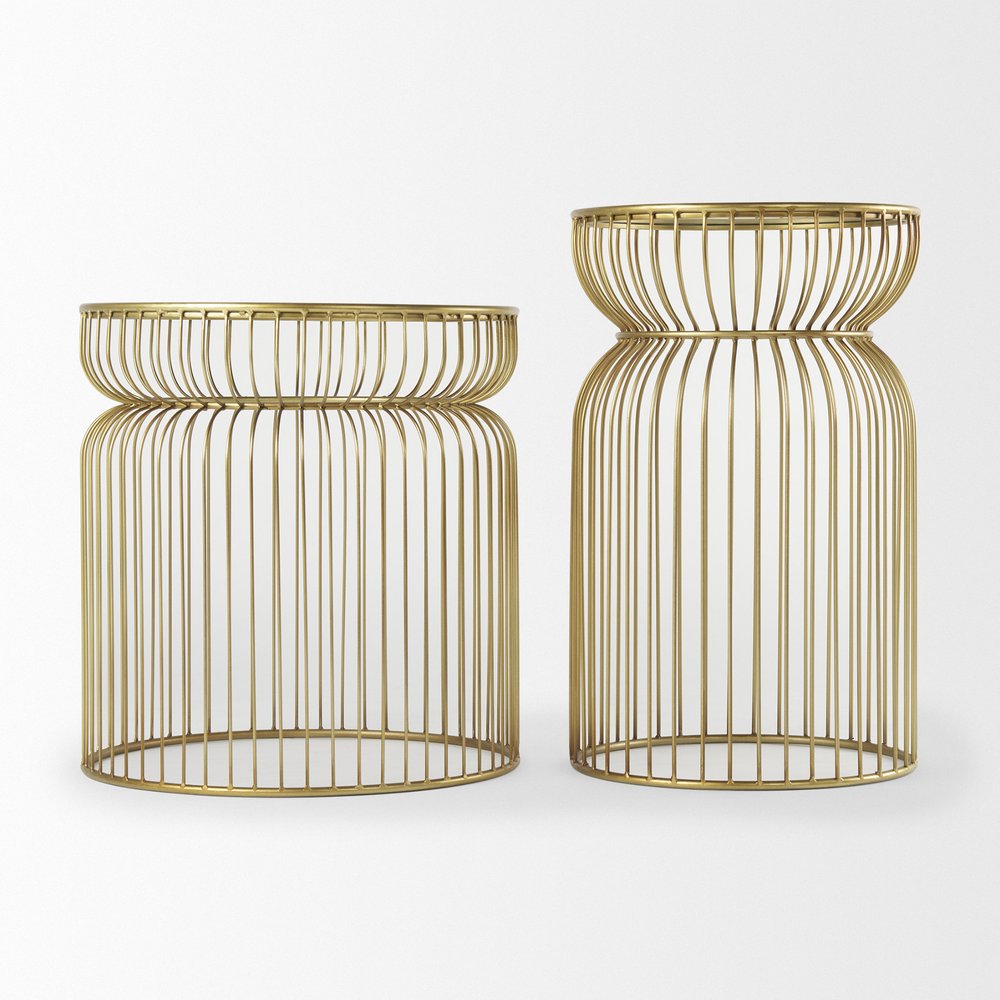 Set of Two Clear and Gold Tempered Glass and Metal Wire Round Drum End Tables