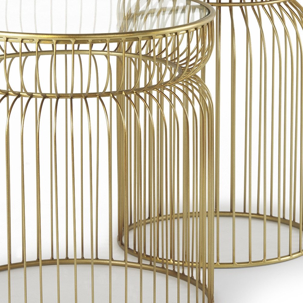 Set of Two Clear and Gold Tempered Glass and Metal Wire Round Drum End Tables