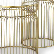 Set of Two Clear and Gold Tempered Glass and Metal Wire Round Drum End Tables