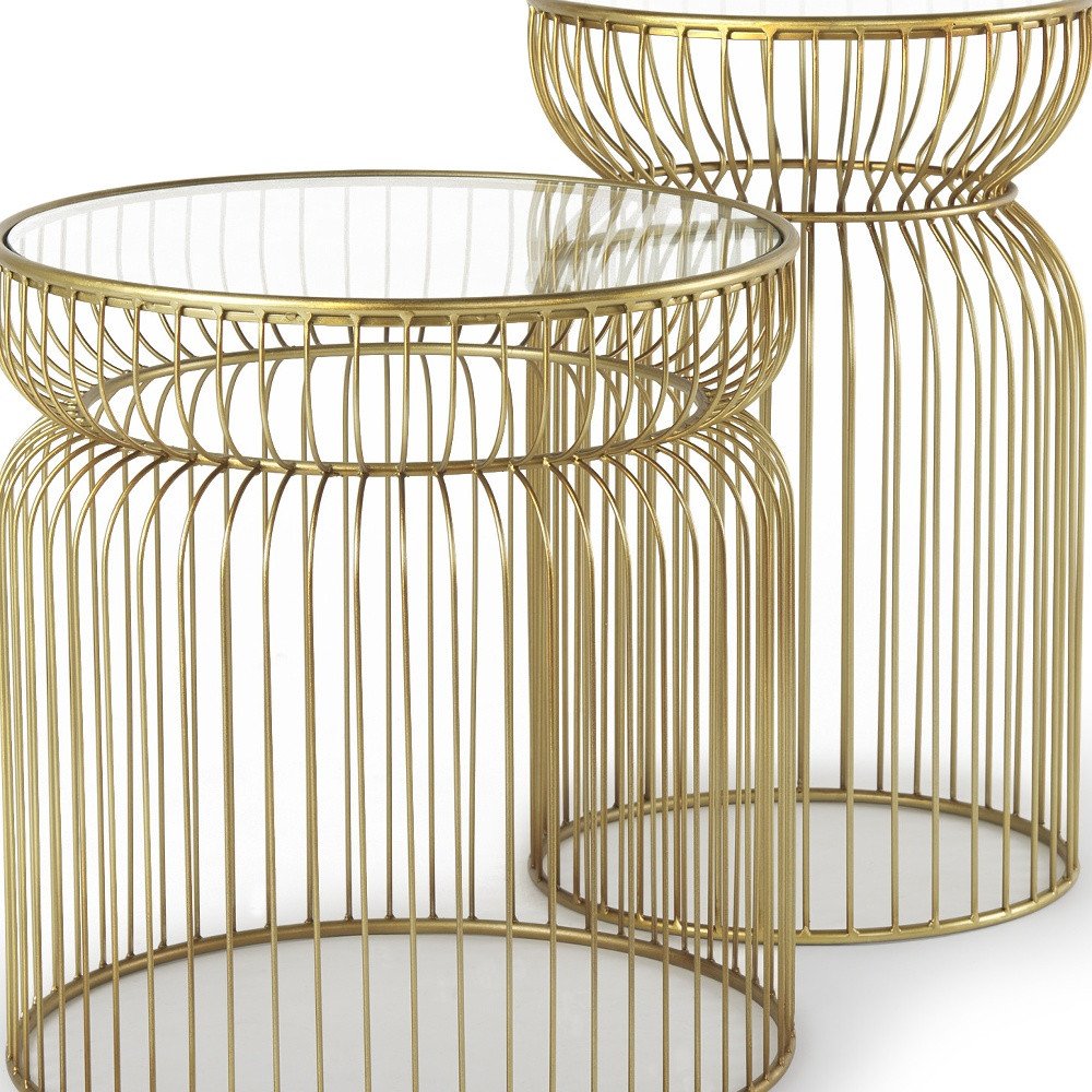 Set of Two Clear and Gold Tempered Glass and Metal Wire Round Drum End Tables