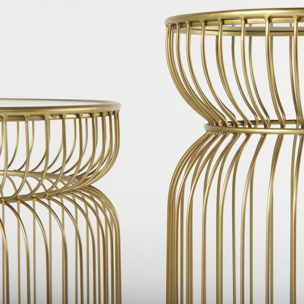 Set of Two Clear and Gold Tempered Glass and Metal Wire Round Drum End Tables