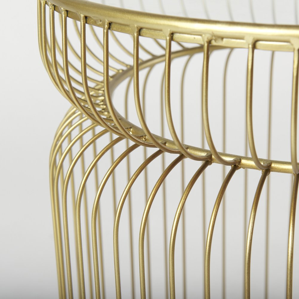 Set of Two Clear and Gold Tempered Glass and Metal Wire Round Drum End Tables