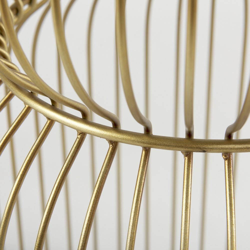 Set of Two Clear and Gold Tempered Glass and Metal Wire Round Drum End Tables