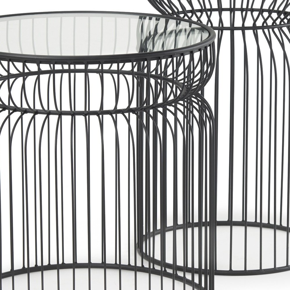 Set of Two Clear and Black Tempered Glass and Metal Wire Round Drum End Tables