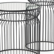 Set of Two Clear and Black Tempered Glass and Metal Wire Round Drum End Tables