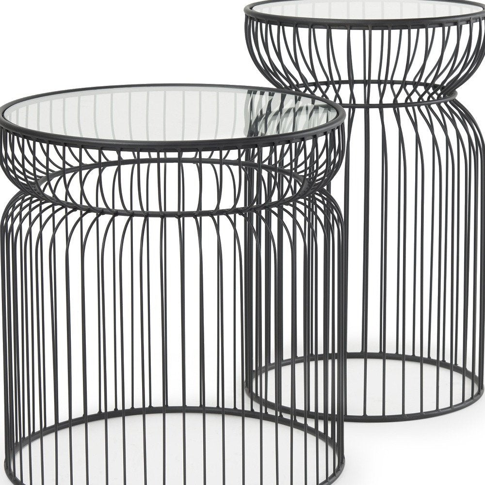 Set of Two Clear and Black Tempered Glass and Metal Wire Round Drum End Tables